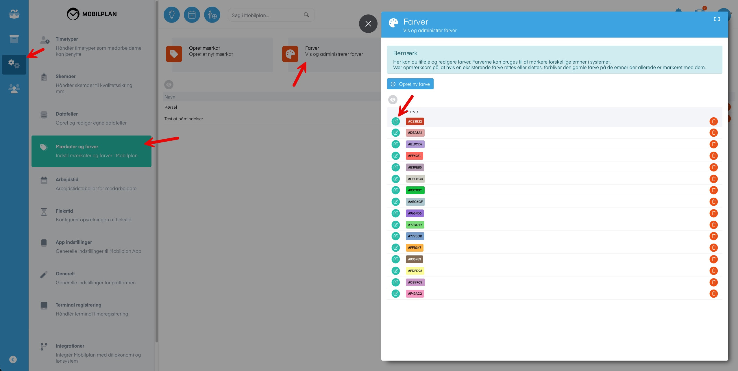Tryk på Farve og mærkater