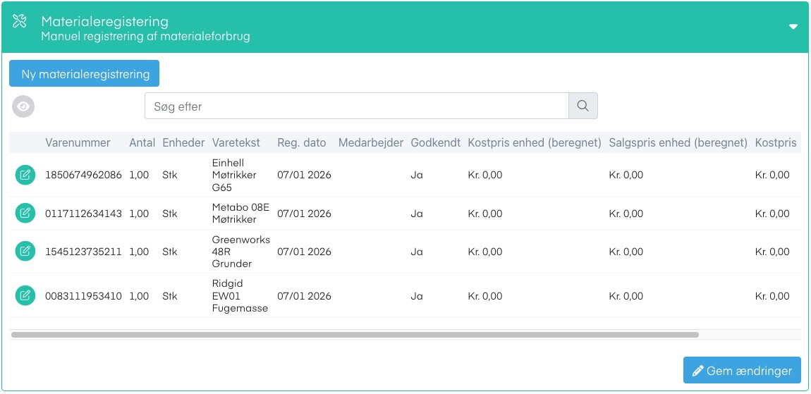 Materialeregistreringer i projekter