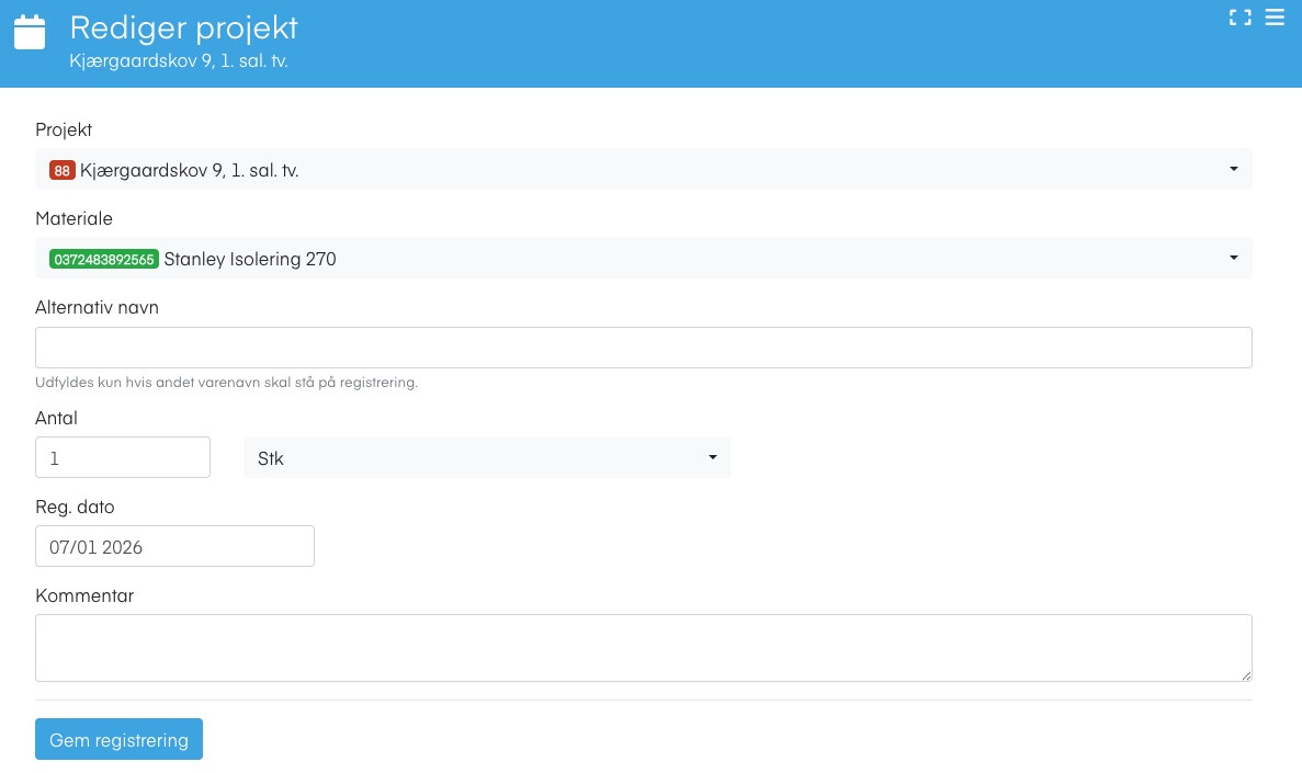 Tilføj materiale til projekt
