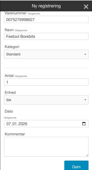 Materialeregistrering i app