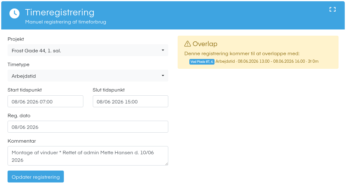 Overlap i Timeregistrering