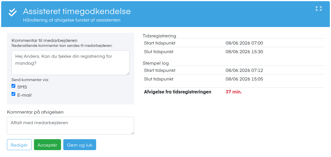 Assisteret timegodkendelse, stempel log