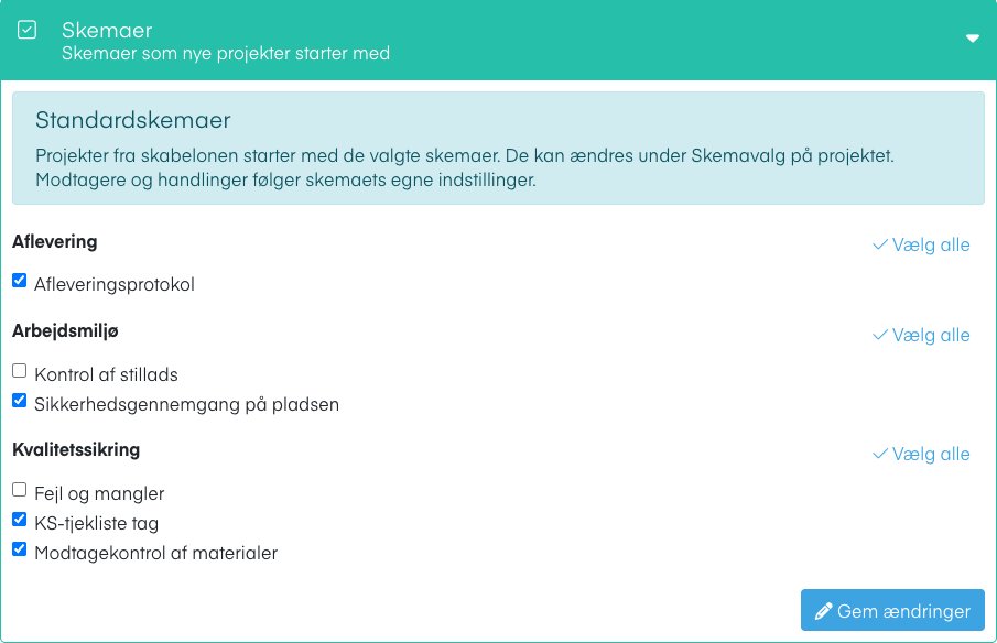 Trinnet Skemaer på en projektskabelon