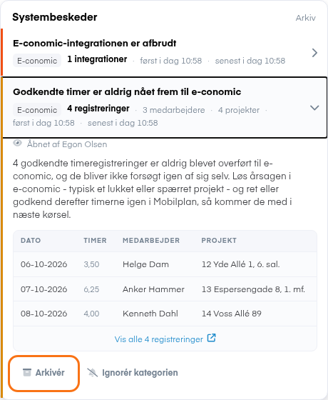 Knappen Arkivér nederst i beskeden