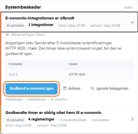 En kritisk besked med en knap, der fører til løsningen