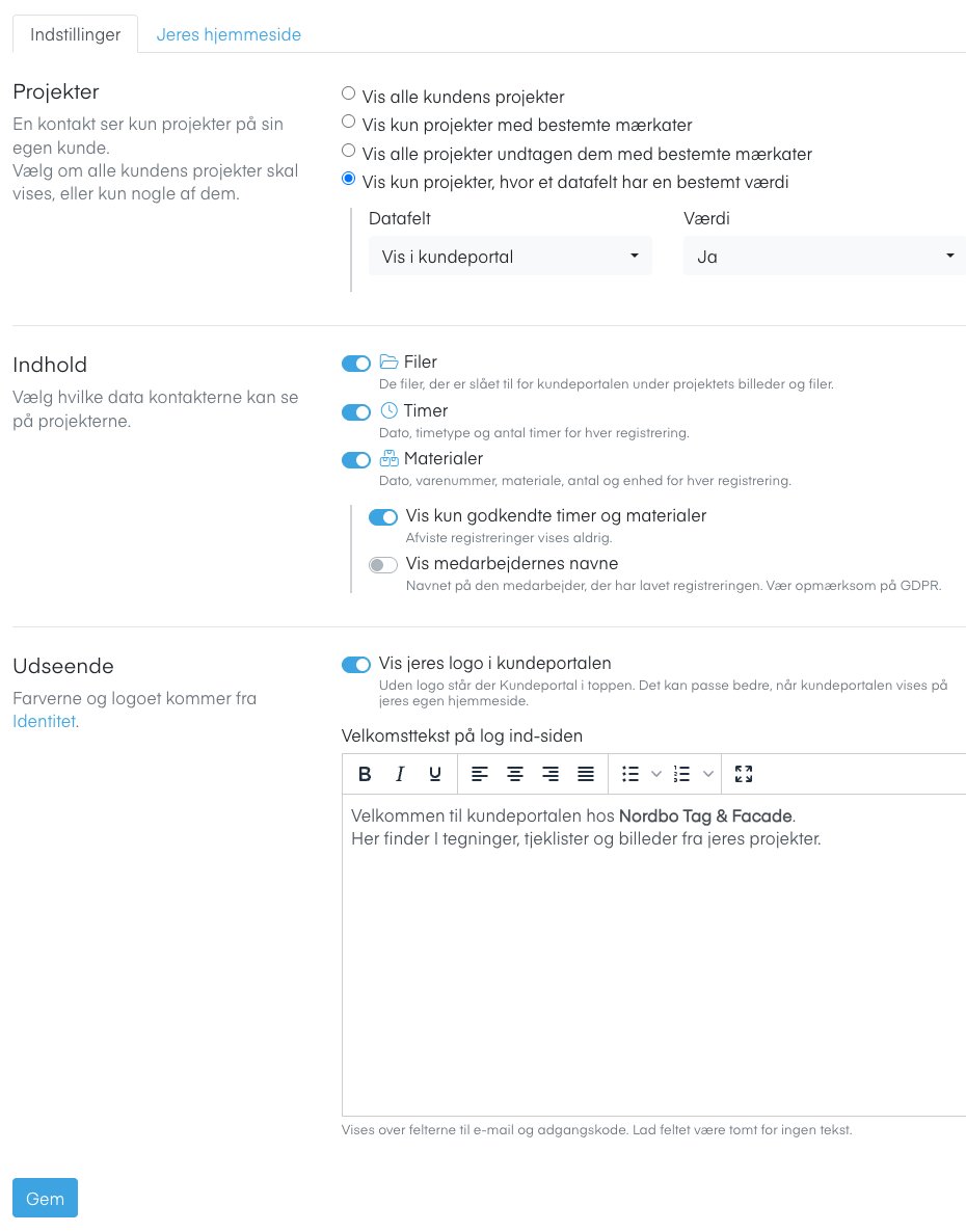 Indstillinger for kundeportalen