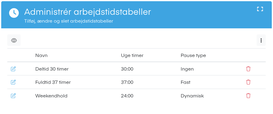 Administrér arbejdstidstabeller