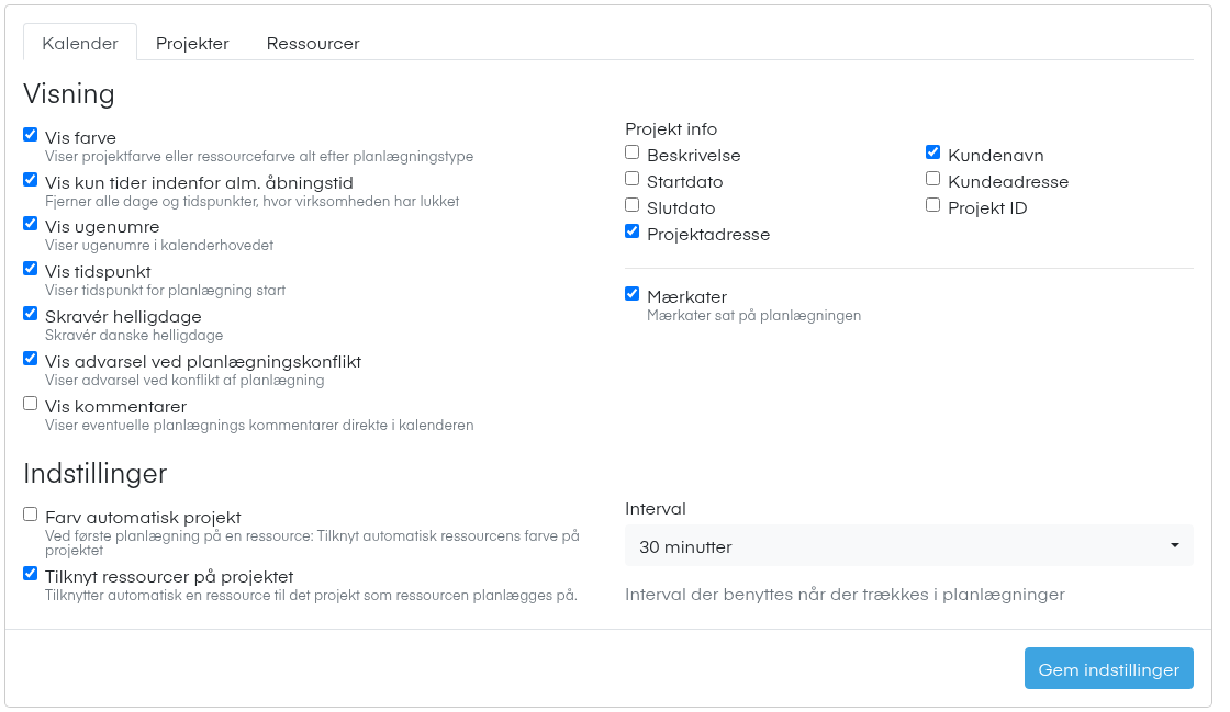 Indstillinger i planlægningskalenderen