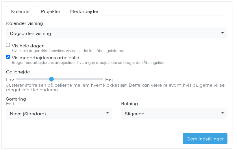 Visningsindstillinger i Projektkalender