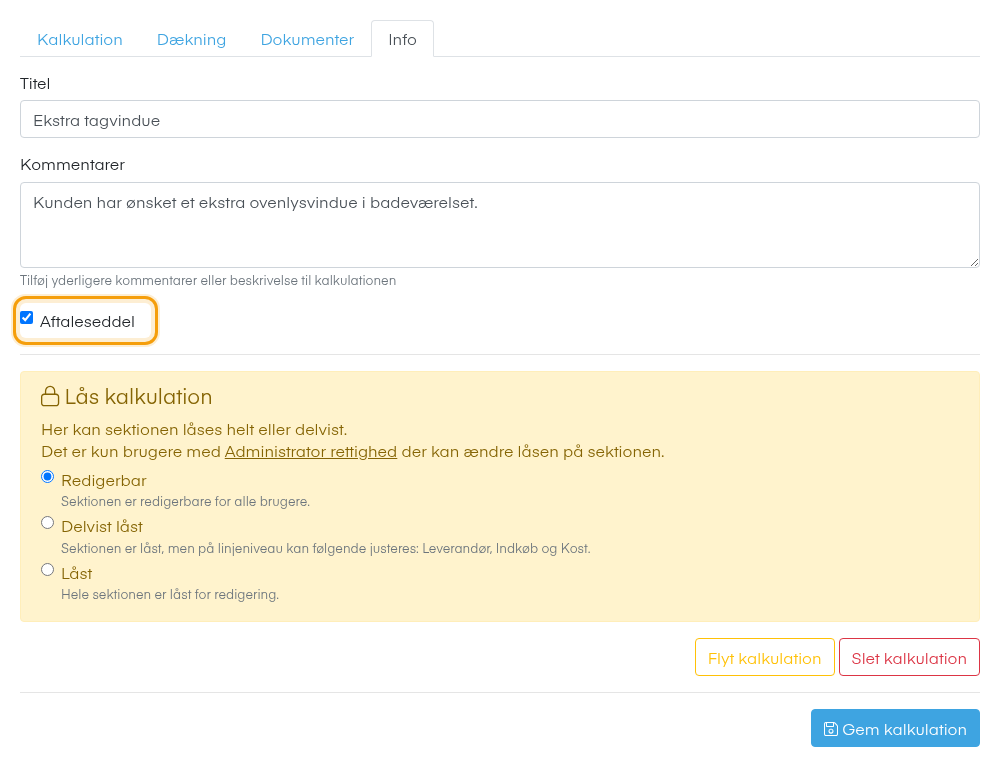 Aftaleseddel på fanen Info