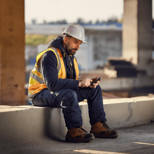 Mand i arbejdst&oslash;j og beskyttelseshjelm sidder p&aring; kant med mobil i h&aring;nden.