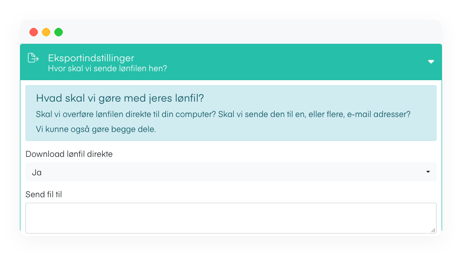 Eksportindstillinger i Mobilplan: l&oslash;nfilen kan downloades direkte eller sendes p&aring; e-mail.