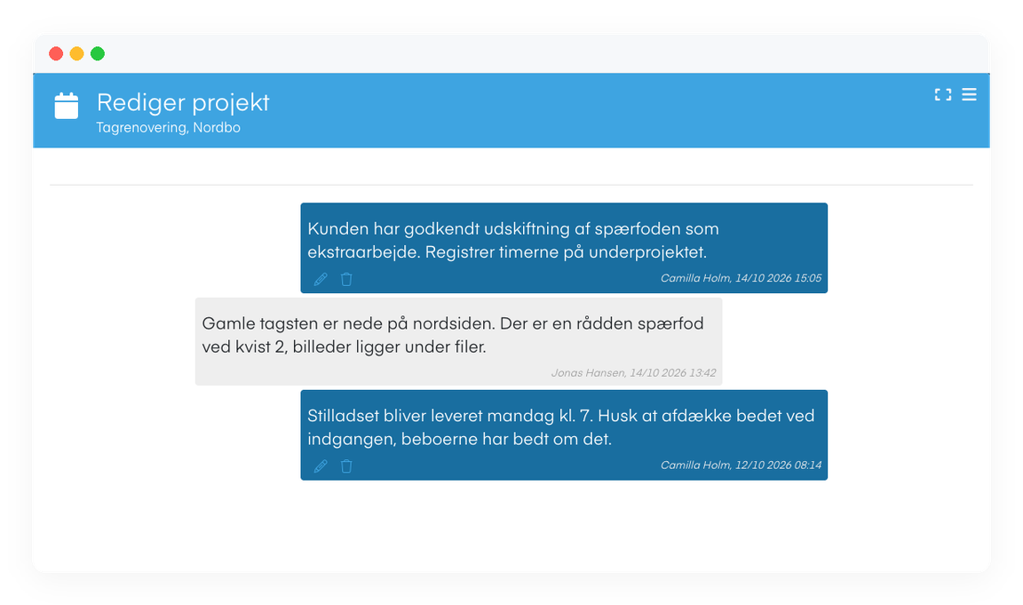 Beskeder p&aring; sagen mellem kontoret og mont&oslash;ren.