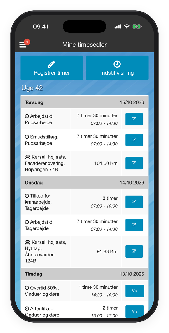 Medarbejderens timeseddel i Mobilplan-appen med ugens registreringer dag for dag.